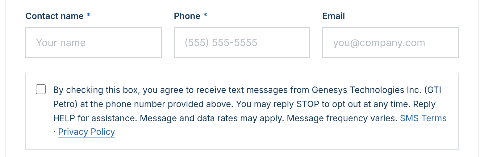 Request service form showing SMS opt-in checkbox